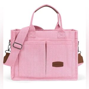 NEW- Womens Corduroy Tote Bag with Pockets Fashion Crossbody Bag. Pink.